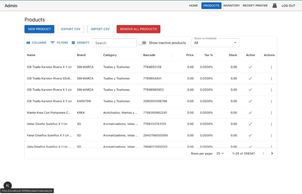 Gestión de productos — importación CSV y grilla
