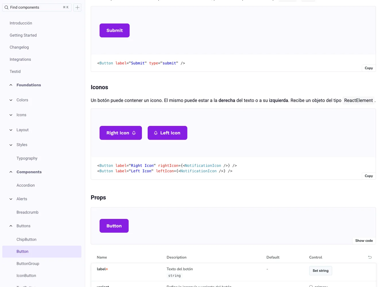 A typical Storybook design system