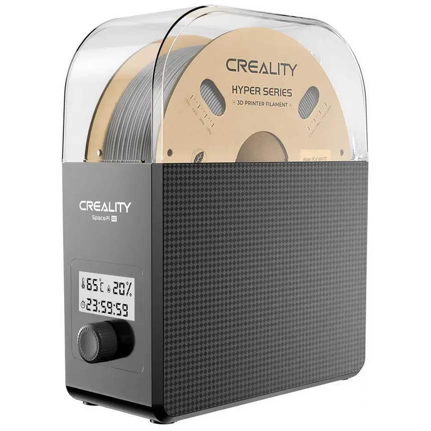 Creality SpacePi filament dryer with Hyper Series grey filament—display showing 65°C and 20% humidity