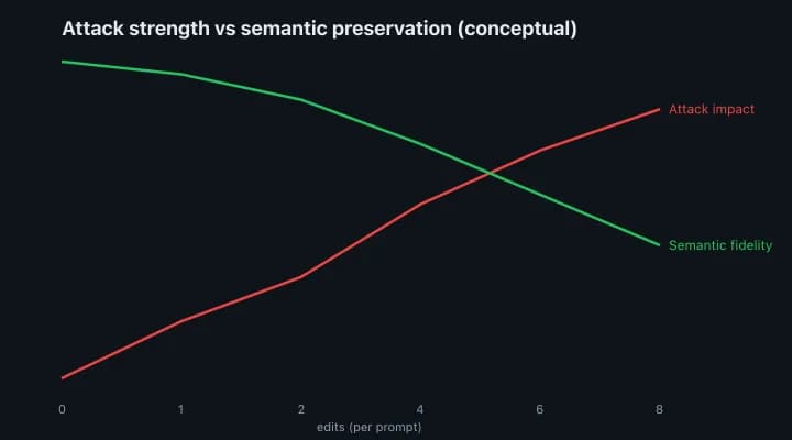 Conceptual trade-off: more edits increase attack impact but reduce semantic fidelity