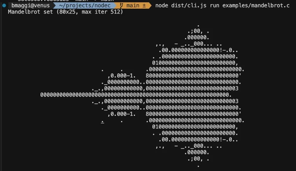 Mandelbrot ASCII output from NodeC